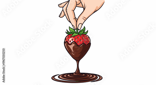 Hand holding chocolate-dipped strawberry over a puddle of chocolate