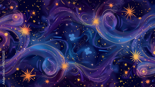 Abstract celestial illustration with swirling nebulas and glittering stars in space