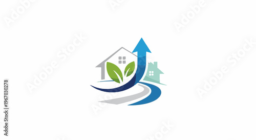 Green growth in real estate represented by houses, leaves, and arrows