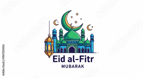 Green mosque with crescent moon, stars, and lantern