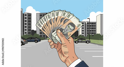 Hand holding fan of bills against urban backdrop with parked cars