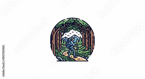 Hiker walks on a forest path towards distant mountains