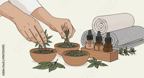 Hands preparing herbal ingredients in bowls next to essential oil bottles