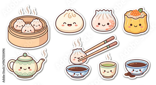 Cute Chinese Dim Sum Sticker Pack – Dumplings, Bao and Tea Flat Kawaii Illustration Set