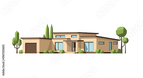 A contemporary beige house with a brown garage door and polygonal trees is depicted in a low-poly style against a clean white background.