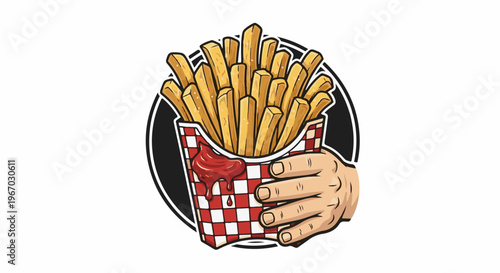Hand holds checkered container of french fries with ketchup drips