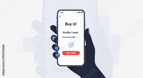 Hand holds phone showing raffle ticket buying interface with buy now button