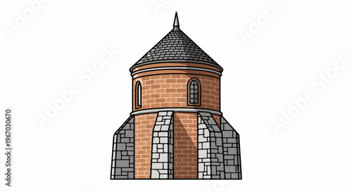 Historic circular building with conical roof and stone facade