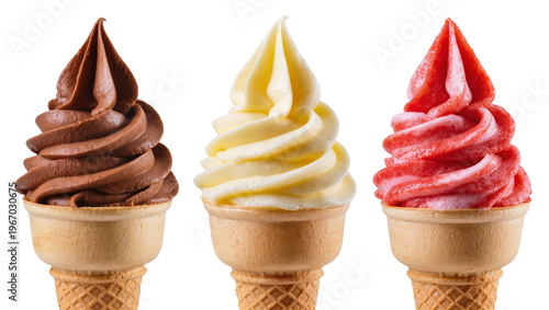 Obraz na plátně Three soft serve ice cream cones chocolate vanilla and strawberry, isolated on t