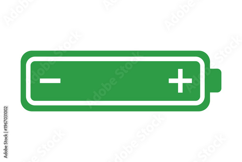Flat Design Battery Icon with Positive and Negative Terminals, Green Color, Energy Storage, Power Supply, Modern Minimalist Style