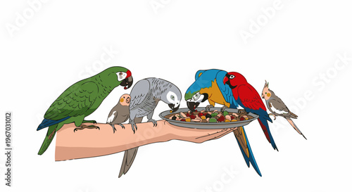 Hand holding tray of food for various colorful parrots and cockatiels