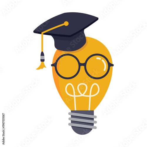 Education or knowledge is power to build creativity, idea or solution, academic or training course concept, genius bright lightbulb wearing eyeglasses and graduation hat or mortar board