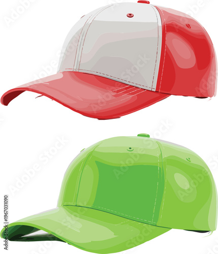 Baseball cap mockup set in red and green colors, realistic glossy vector illustration of adjustable hats for branding, fashion design, and merchandise presentation