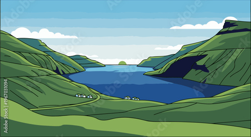Green rolling hills and a bay under a blue sky with clouds