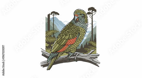 Green parrot with orange wing patches perched on a branch in a forest