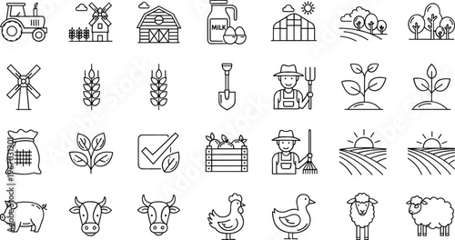 Agriculture and farming outline icon set featuring tractor, barn, crops, farmer, livestock, and tools in clean line vector style for rural design projects