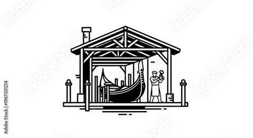 Gondola workshop with craftsman hammering on a boat