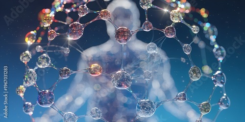 Abstract illustration of human body surrounded by glowing molecular structure against blue sky.