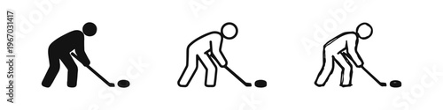 Ice hockey player with stick and puck icon set in solid, outline, and hand-drawn doodle styles, isolated.