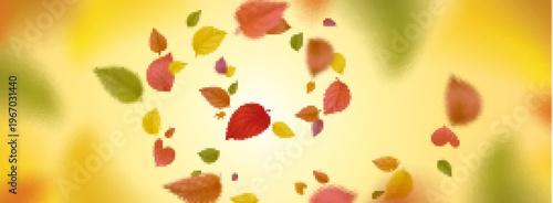 Autumn leaves swirling in wind on yellow background. Vector realistic illustration of yellow, red, green fall foliage falling scattered in air, beautiful nature design, november leaf swirl flying down