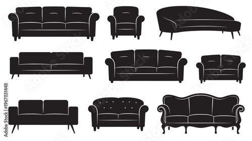 Sofas and armchairs set with elegant curves, button tufting, and classic styles in black silhouette.