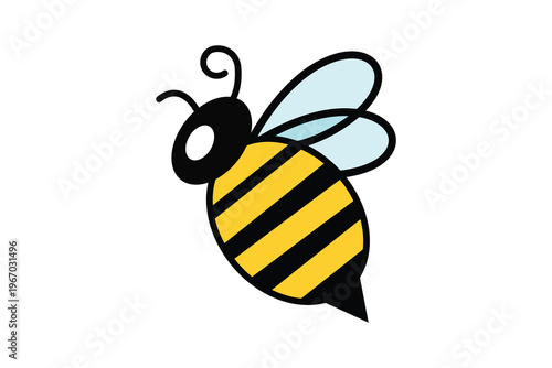 Illustration of a cheerful bee with yellow and black stripes, transparent wings, and antennae, isolated on a white background, perfect for educational materials.