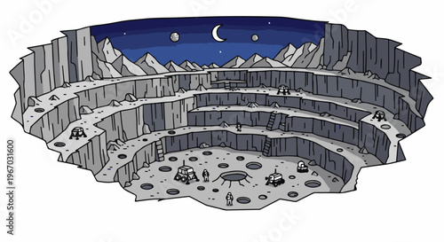 Extraterrestrial mining operation in a crater at night with spacecraft and astronauts