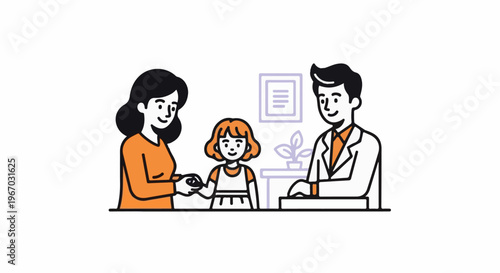 Family at doctor's office, parent hands child item, doctor observes