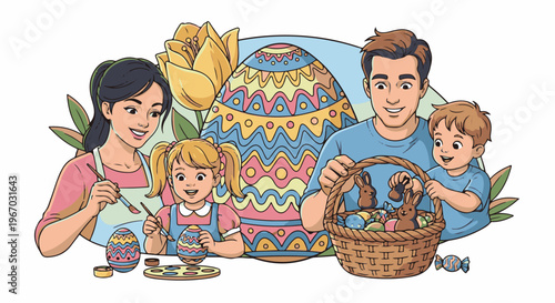 Family decorating Easter eggs with a giant egg and tulips behind them