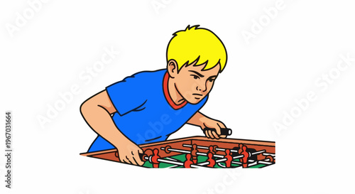 Focused young boy plays table football game, concentrated expression, outdoor fun