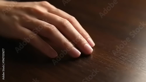 Closeup of hand on wood surface.