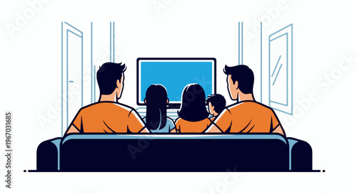 Family gathers on couch, watching a bright blue screen on a modern television