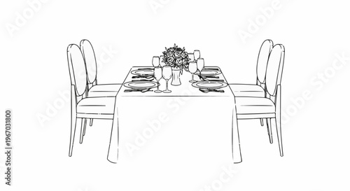 Formal dining table setting with floral centerpiece and elegant chairs