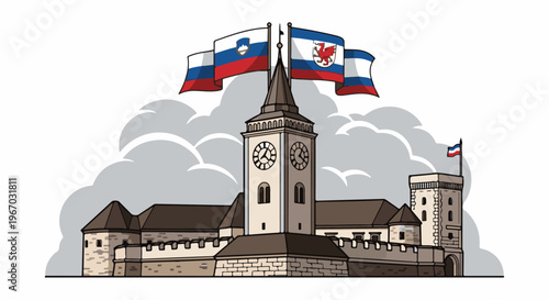 Fortress with clock tower, flags flying, and a clear sky