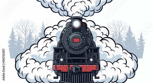 Front view of a steaming vintage train against a backdrop of winter trees