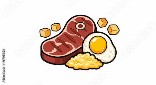 Grilled steak, fried egg, scrambled eggs, and butter cubes