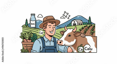 Farmer with cow and farm elements, including milk and crops