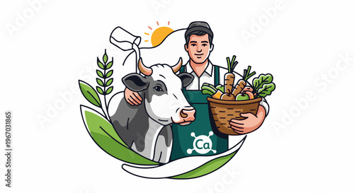 Farmer with cow and fresh produce, promoting healthy calcium sources
