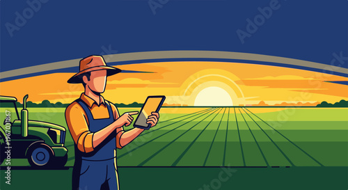 Farmer with tablet in field at sunrise