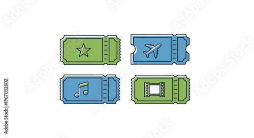 Four distinct stylized tickets with icons representing entertainment and travel