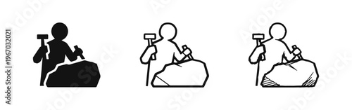 Stone carver working with hammer and chisel on a rock icon set in solid, outline, and doodle styles.