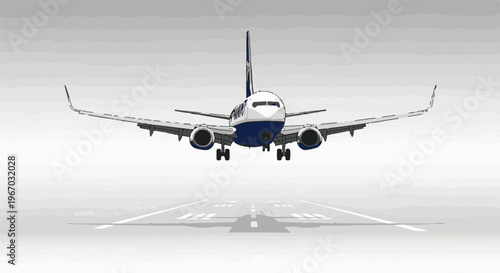 Front view of a commercial airplane descending towards a runway