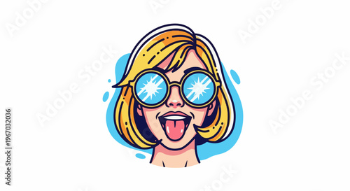 Funky blonde woman with big round glasses sticking out her tongue