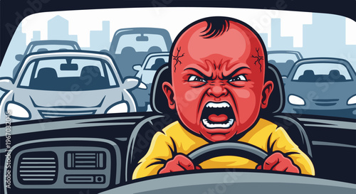 Furious baby in car seat screams at traffic jam, holding steering wheel