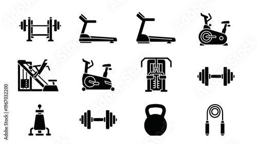 Collection of black and white icons representing various gym and fitness equipment and activities