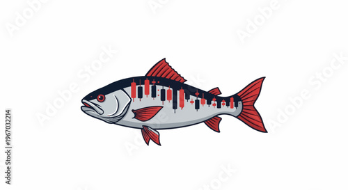 Fish body displays stock market candlestick chart patterns in red and black