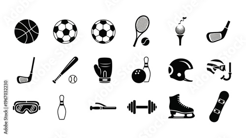 Collection of black and white sports icons representing various activities and equipment for