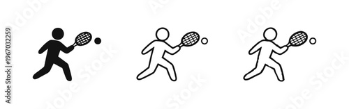 Tennis Player Icon Set: Athlete in Action with Racket and Ball, Presented in Silhouette, Outline, and Hand-Drawn Versions