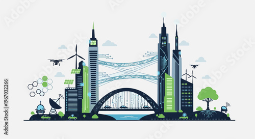 Futuristic city with sustainable energy and smart technology