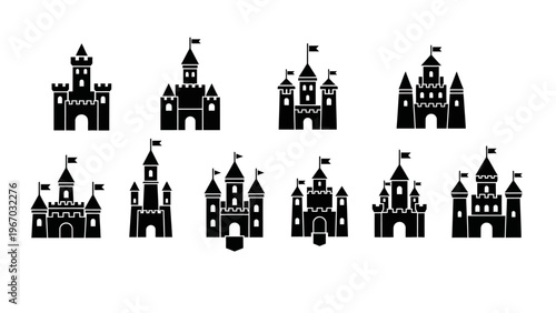 Collection of Black Castle Silhouettes Illustrating Various Architectural Styles and Designs